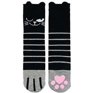 moses. Dames Ed, The Cat glittersokken met anti-slip zool, stopsokken in schattige kattenlook sokken, zwart, zilver, roze, 36-42, zwart, zilver, roze