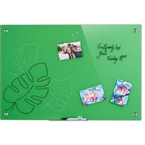 Relaxdays glassboard, beschrijfbaar, magneten, marker, houder, voor kantoor en keuken, magneetbord glas, 60x90cm, groen
