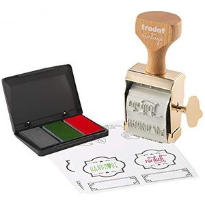 Trodat Vintage ZELFGEMAAKT set voor creatief ontwerp - 6 afdrukmotieven, Nederlands, creatieve stempel in vintagelook incl. inktkussen in grijs, groen, rood, 30x5 mm, 12 labels in 3 designs