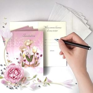 Set van 5 uitnodigingskaarten landelijke bloemen roze bloemen met 5 witte enveloppen 9 x 14 cm – tekst Wij zijn blij om je uit te nodigen om... de (datum) op (tijd) adres - feest, verjaardag vrouw -