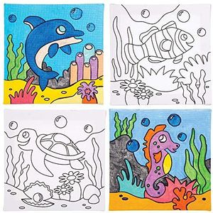 Baker Ross Inkleurbare Zeedieren op Schildersdoeken (4 stuks) Knutselspullen en Verfspullen voor Kinderen