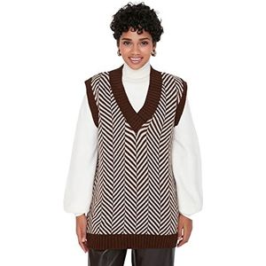 TRENDYOL Dames V-hals gestreepte oversized Trui Vest Sweater, Brown/Stone, 40-42, Brown/Stone, 40/42 NL