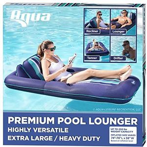Aqua Premium converteerbare zwembad-floatlounge - extra groot - heavy-duty opblaasbare zwembaddrijvers voor volwassenen met bekerhouder - marineblauw/groen/wit gestreept