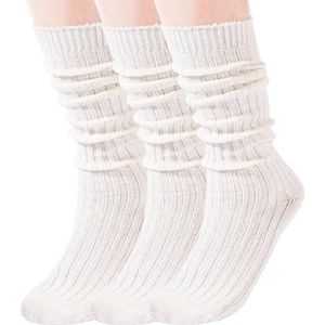 Moon Wood 3 Paar Dames Winter Wolkousen Kniekousen met Kabelbreisel Schuin Gebreide Sokken Maat 36-42 Wit Wit Wit
