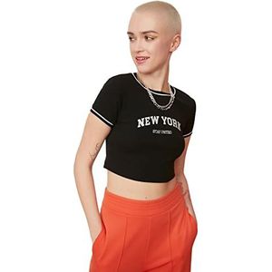 Trendyol Dames Black Printed Super Crop Gebreide Blouse, zwart, XS