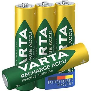 VARTA Batterijen AAA, oplaadbaar, verpakking van 4, Recharge Accu Phone, oplaadbare batterij, 800 mAh Ni-MH, gebruiksklaar, geschikt voor draadloze telefoons