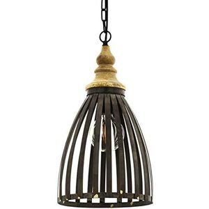 EGLO Oldcastle Hanglamp, 1-lichts, industrieel, vintage, retro, hanglamp van staal en hout in zwart en bruin, voor eettafel en woonkamer, met E27-fitting, diameter 25,5 cm