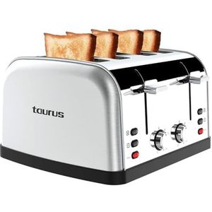 Taurus – Retro Broodrooster Vintage Four 1900W, 4 sleuven 135x35mm, 7 standen, 3 functies, Onafhankelijke bediening, RVS behuizing, Autocentrering, Kruimellades, Extra lift, Snoeropberging, Grijs