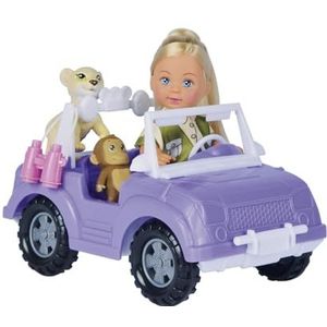 Simba 105733648 Evi Love, speelpop in schattige safari-outfit met coole jeep, rugzak, baby aap, leeuw, verrekijker, 12 cm, vanaf 3 jaar