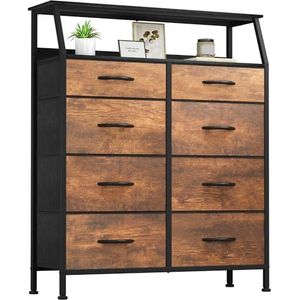 YITAHOME Ladekast slaapkamer met 8 laden opbergunit stalen frame houten top stoffen dressoir voor slaapkamer woonkamer, kinderkamer, kast, rotte houtnerf