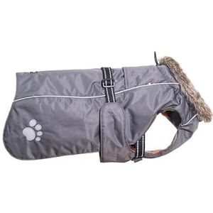 Chiara Hondenjas met hondenharnas (hondenkleding met fleece en kraag van kunstbont, warme hondenjas, reflecterende strepen op rug en riem, aanpasbaar, Gr. L), kleur: grijs