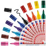 edding 3000 permanent marker - diverse kleuren (basic) - set van 10 - ronde punt 1,5-3 mm - sneldrogende permanent markers - water- en wrijfvast - voor karton, kunststof, hout, metaal, stof