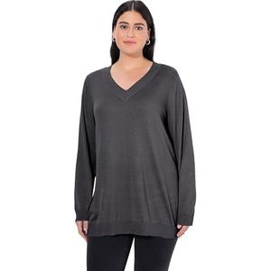 Ulla Popken damestrui, grote maten, plussize, V-hals, lange mouwen, zacht, fijn gebreid, Antraciet melange., 42-44