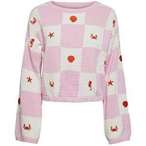 PCKUA LS Cropped Boat Neck Knit, Pink Lady/Patroon: cdan-embroidery Scarlet Ibis, S
