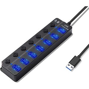 Hoppac Hub 7-in-1 met 1 USB 3.0 en 6 USB 2.0, USB-adapter voor pc met onafhankelijke schakelaar en led-display, kabellengte 1 m