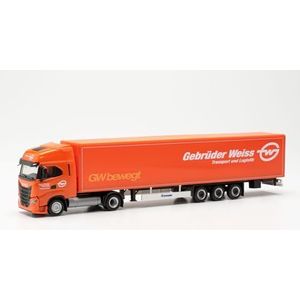 Herpa vrachtwagen model Iveco S-Way LNG Koffer-Sattelzug 15m ""Gebrüder Weiss"" (Bayern/Nürnberg), schaal 1:87, voor diorama, modelbouw, verzamelobject, Made in Germany, kunststof