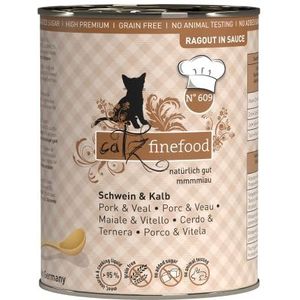 catz finefood Ragout N° 609 Varken & Kalf kattenvoer nat - fijnkost natvoer voor katten in saus zonder granen en suiker met een hoog vleesgehalte, 6 x 380 g blik