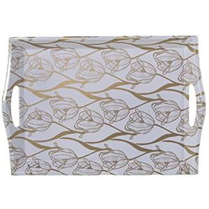 Rechthoekig dienblad van melamine met handgrepen en bloemen in goud en wit, 4 x 25 x 35 cm