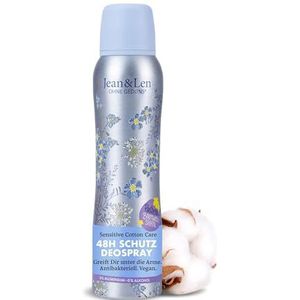 Jean & Len Deodorant Spray Sensitive Cotton Care, biedt betrouwbare deodorantbescherming tot 48 uur, sensitive care, antibacterieel, zonder aluminium (ACH) & alcohol, veganistisch, 150 ml