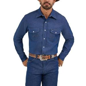 Wrangler Herenwerkshirt met Cowboy Cut, stevige afwerking, lange mouwen, western drukknopen en effen kleur., Indigo, L tall