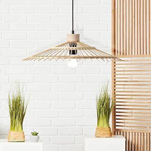 Brilliant Hanglamp in natuurlijke stijl - hanglamp met bamboe scherm in hoogte verstelbaar met inkortbare en elegante textielkabel van metaal/bamboe, in zwart/naturel - Ø 58cm en 1m hoogte