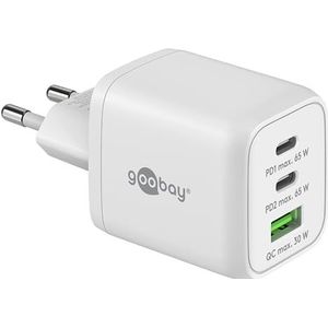 Goobay 64754 snellader USB C PD Nano (65 W) / 2 x USB C PD 1 x USB-A Quick Charge/voeding voor iPhone en andere mobiele telefoons laadkabel/wit