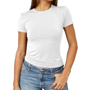 Abardsion Informele basic crop-tops voor dames, met slanke pasvorm, korte mouwen, ronde hals, strakke T-shirts, Wit, S