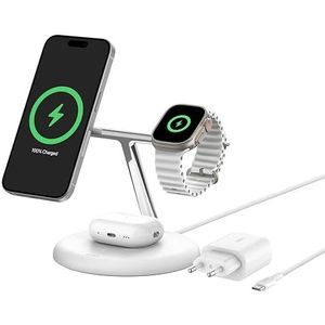 Belkin BoostCharge Pro 3-in-1 draadloze laadstandaard met Qi2 (15W), compatibel met MagSafe, wireless charger voor de iPhone 15/14/13-serie, AirPods, Apple Watch en meer, incl. voedingsadapter - Wit