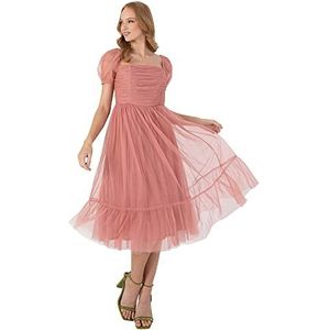 Anaya with Love Dames Dames Midi Jurk Korte Gepofte Mouw Vierkante Hals Frilly Voor Bruiloft Gast Prom Ball Avondjurk Een Cut Roze, Roos, 54