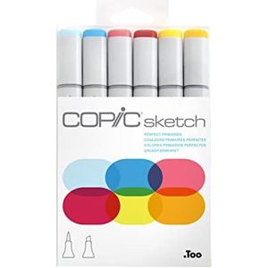 COPIC Sketch Marker Set ""Perfect Primaries"" met 6 kleuren, professionele penseelstiften op alcoholbasis met een flexibele en een medium brede punt.