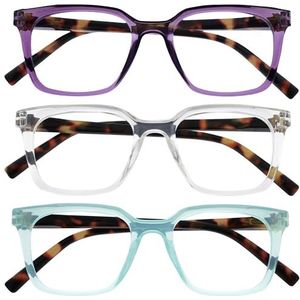 OPULIZE KOI Leesbrillen 3-Pack - Groot Rechthoekig Montuur - Paars-Aqua-Helder - Heren Dames - Veerscharnieren - RRR50-5CQ - +1.00