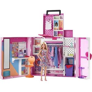 Barbie Super Kledingkast Speelset en Blonde Pop, ruim 60 cm breed, meer dan 15 opbergplekken, spiegel, wasmand, meer dan 30 kledingstukken en accessoires, voor 3 jaar en ouder, HGX57