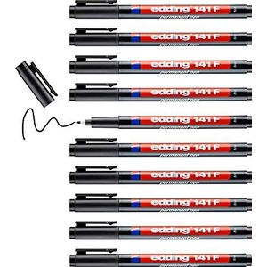 edding 141 F permanente pen - 10 stiften - zwart - ronde punt 0,6 mm - pen voor schrijven op glas, plastic, folies en gladde oppervlakken - permanent, sneldrogend, veegvast en watervast