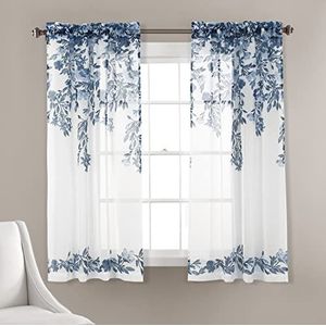 Lush Decor Tanisha Sheer Window Curtain Panel Pair, 63 ""L x 38"" W, Navy & White