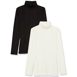 Amazon Essentials Dames Slim-Fit Layering Lange Mouw Gebreide Rib Coltrui Top (Verkrijgbaar in Grote Maat), Pack van 2, Eggshell Wit/Zwart, X-Small