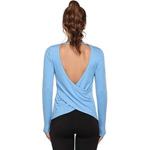 Sykooria T-shirt dames sportshirt rugvrij lange mouwen training shirt sneldrogend elastisch yoga gym loopshirt, blauw, M
