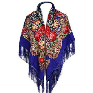 Gudessly Traditionele sjaal voor dames, omslagdoek, kwastje, sjaal, franjes, nek, hoofd, sjaal, retro sjaal, bloemen, poncho, print, sjaal, Royalblue, one size