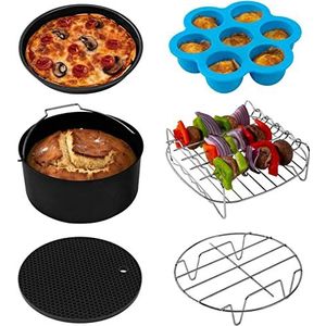 COSORI Airfryer accessoireset, geschikt voor alle merken 5,5 l, 6 stuks inclusief taartpan/pizzapan, metalen houder/multifunctioneel rek met spiesjes/siliconen mat/eierbetenvorm met deksel