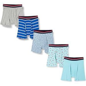 Amazon Essentials Men's Boxershort zonder label, Pack of 5, Blauw Streep/Haaien/Heidegrijs/Krabben/Lichtblauw, L