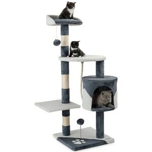 lionto krabpaal voor katten met 2 pluche ballen & speeltouw, hoogte 112 cm, kattenboom met sisaltouw & pluche, comfortabele ligplaats & hol, geschikt voor kleine & grote katten, grijs/wit