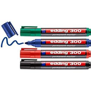 edding 300 permanent marker - zwart, rood, blauw, groen - 4 stiften - ronde punt 1,5-3 mm - watervast, sneldrogend - wrijfvast - voor karton, kunststof, hout, metaal, glas
