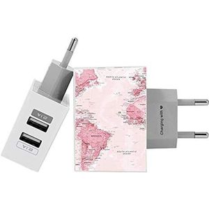 Gocase World Map Pink Wall Charger | Dual USB-oplader | Compatibel met iPhone 11 Pro Max XS Max X XR Samsung S10 + Huawei P30 P20 LG Sony | Voeding wit 1 A / 2.1 A