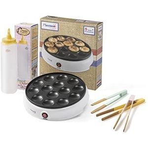 Bestron Poffertjesmaker, voordeelpakket incl. deegfles & 3-delige set serveertangen, ideaal voor Kerstmis, Pasen of kinderverjaardagen, retro design, 800 watt, kleur: wit/geel