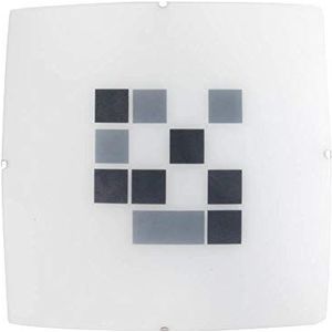 ONLI vierkante plafondlamp in wit satijnen glas met geometrisch patroon zwart en grijs