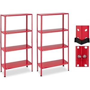 Relaxdays stellingkast, set van 2, 160 kg, HBD 147,5 x 75,5 x 30,5 cm, voorraadkast & garage, stalen opbergrek, rood