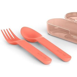 Suavinex, Baby bestekset met etui, incl. lepel + vork + etui, kinderbestek voor onderweg eten, voor baby's + 12 maanden, kleur koraal