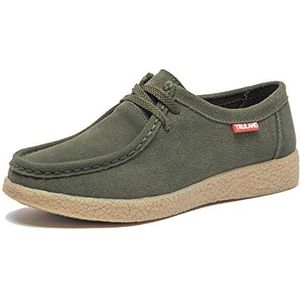 TRULAND Casual mocassin schoenen voor dames - suède lederen veterschoenen platte Wallabees Oxford schoenen, Olijfgroen, 37.5 EU