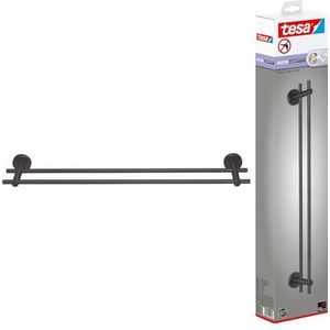 tesa MOON Dubbel Handdoekrek van Geborsteld Grafiet - Zelfklevend Handdoekrek met Twee Stangen Gemaakt van PVD-gecoat Metaal - Zonder Boren, incl. Kleefoplossing - 112 mm x 640 mm x 50 mm