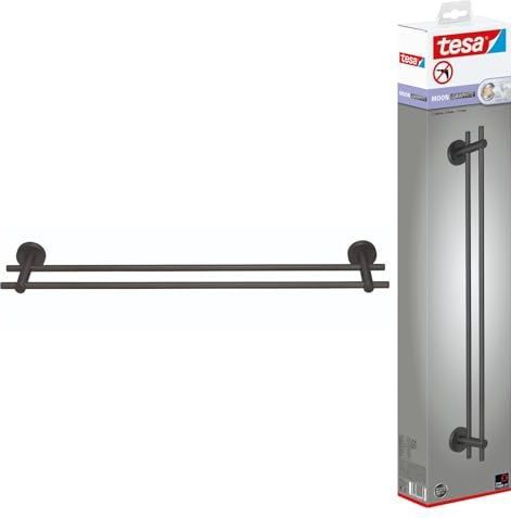 tesa MOON Dubbel Handdoekrek van Geborsteld Grafiet - Zelfklevend Handdoekrek met Twee Stangen Gemaakt van PVD-gecoat Metaal - Zonder Boren, incl. Kleefoplossing - 112 mm x 640 mm x 50 mm