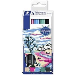 STAEDTLER Lumocolor Design Journey, dekkende, permanente acrylinkt, veeg- en waterbestendig, lijnbreedte 2,4 mm, kleurglans, 5 stiften in diverse kleuren, 349 C5